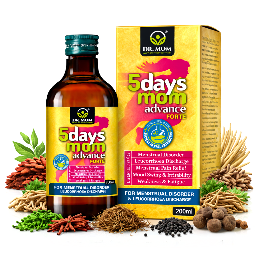 5Days Mom Advance Forte Syrup For Period Pain, White Discharge, Mood Swing & Cramps - Ayurvedic Medicine by Dr. Mom Herboveda