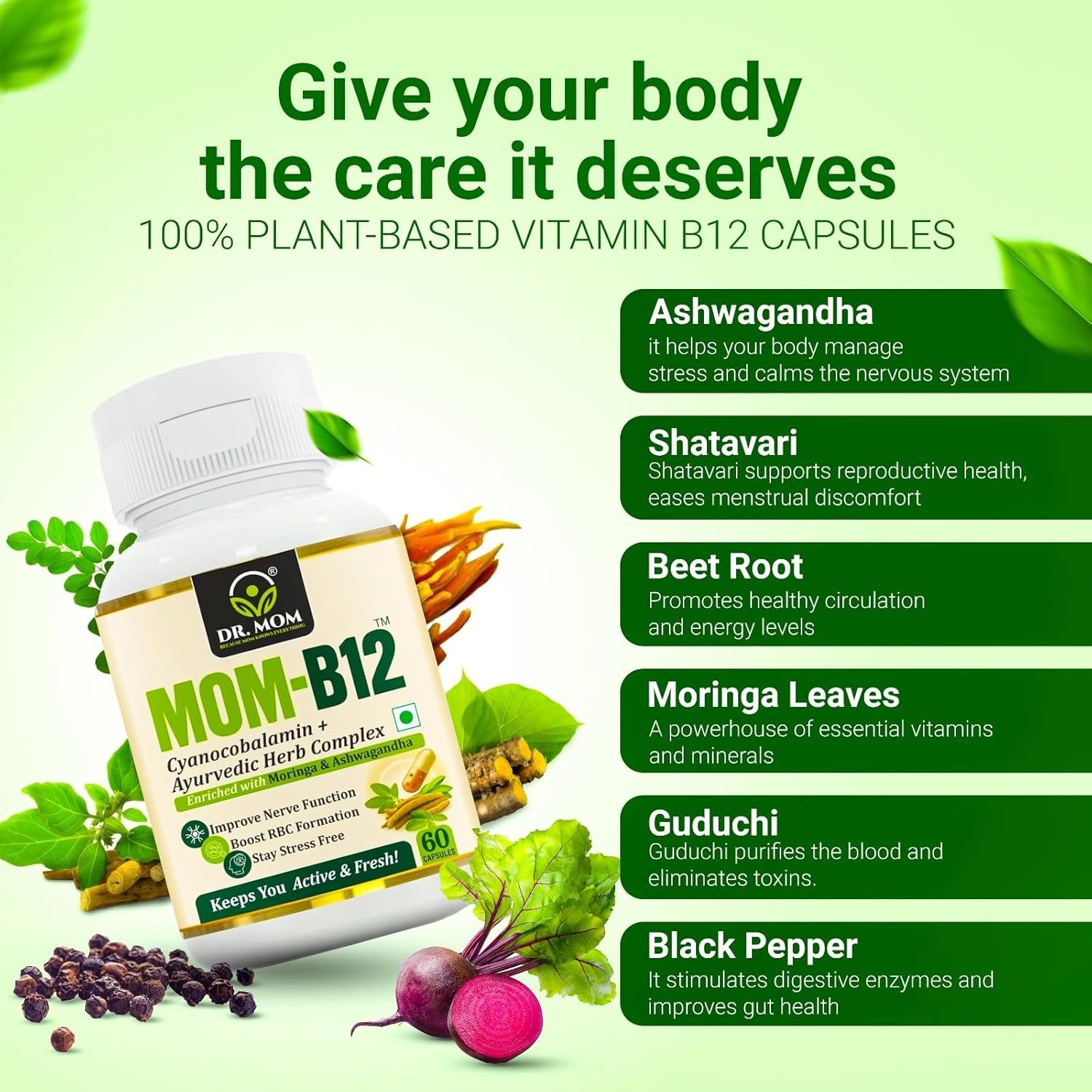 MOM B-12 Veg Capsules - Vitamin B-12 Enriched with Natural Herbs image 5